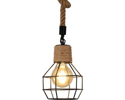 Industriële Vintage Hanglamp met Houten Accenten en Touw, Verstelbare Hoogte - Zwarte E27 Wandlamp voor Keuken, Woonkamer, Hotel of Restaurant (Exclusief Gloeilamp)