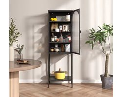 Industriële Vitrinekast met Ribbelglas – Zwart Metaal – 160x50x35 cm – Wandkast met Verstelbare Planken – Buffetkast voor Woonkamer of Badkamer
