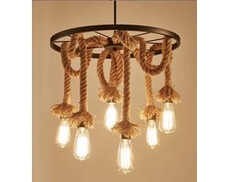 Industriële Wagenwiel Touw Hanglamp - 6-Lichts Kroonluchter - Natuurlijk Henneptouw & Zwart Metaal - Vintage Plafondlamp - Exclusief Lampen