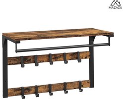 Industriële Wandkapstok - 65 cm Breed - Vintage Bruin & Zwart - Kapstok met Hoedenplank, Kledingroede & 2 Rijen Haken - Hal Garderobe