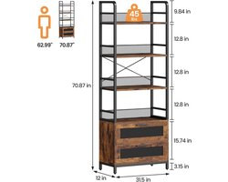 Industriële wandkast met lades–4 open schappen voor boeken en decoraties – Rustieke houten en metalen kast met beschermende rails – Voor slaapkamer- woonkamer of kantoor–Vintage kleur
