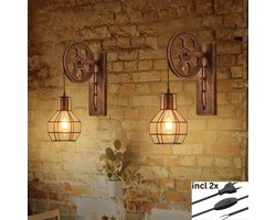 Industriële wandlamp 2x met stekker - Ijzeren vintage retro katrol wandlamp - Kooi design - Verlichting - Geschikt voor bar, café, horeca - wandlamp binnen - Woonkamer - Keuken - Eetkamer