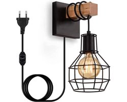 Industriële Wandlamp - Retro Design - Zwart Met Houten Details - Dimbaar