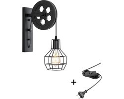 Industriële Wandlamp Zwart - Incl. Stekker & Schakelaar - Katrol lamp vintage - Wandlampen - Lamp industrieel