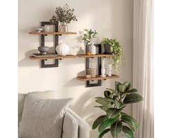 Industriële Wandplank Set van 2 – Houten Wandplanken met Zwart Metalen Frame – Decoratieve Muurplanken voor Woonkamer, Slaapkamer of Keuken