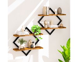 Industriële Wandplanken Set van 4 - Zwevende Wandrekken & Fotolijstplank van Hout met Zwart Metalen Frame - Wanddecoratie voor Woonkamer, Slaapkamer en Hal