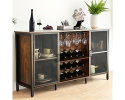 Industriële Wijnkast – industrieel Wijnbar Meubel met Glazenhouder, Opbergkast & Buffetkast – 55 Inch -Rustieke Houten Sideboard voor Woonkamer, Keuken of Thuisbar – Met Metaal Frame & Netdeuren – Bruin