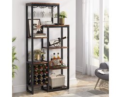 Industriële Wijnkast met Glazenhouder en Flessenrek – Stijlvolle Drankkast met Opbergrek – Hout & Metaal – Bruin