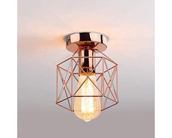 Industriële zeshoekige plafondlamp met kooi en roségouden afwerking – Vintage metalen lamp voor woonkamer, slaapkamer en café