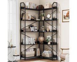 Industro UrbanEdge Hoek Boekenkast 5 Niveaus – L-Vormige Industriële Hoekplank 83x83x183 cm – Houten Wandkast met Metalen Frame – Open Opbergkast voor Woonkamer, Kantoor en Slaapkamer – Zwart
