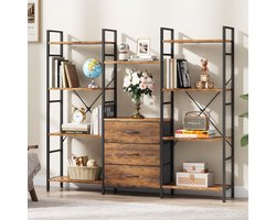 Industro UrbanMax Industriële Boekenkast 150 x 142 cm met 3 Stoffen Lades – Grote Open Kast met 10 Vakken, 4-Laags Opbergkast, Hout & Metaal, Vintage Bruin – Boekenkast voor Woonkamer, Kantoor en Keuken