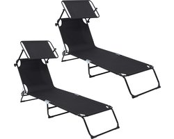 Infinity Goods Ligbed Met Zonnescherm - Opvouwbaar - Set van 2 - Zonnebed - Ligstoel - Verstelbaar - Tuin - Weerbestendig - Zwart