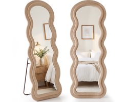 Infinity Goods Passpiegel Wavy - 160x60 cm - Design Wandspiegel - Gestoffeerde Staande Spiegel - Suède - Beige