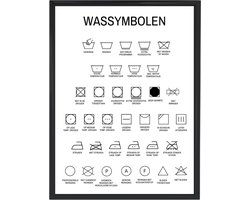 Ingelijst poster wassymbolen Nederlands | A4 formaat | Wasruimte | Waskamer | Waslabels | Wasvoorschriften | Housewarming | Op jezelf gaan cadeau | Zwarte kunststof fotolijst inclusief poster | Woonaccessoire | Wanddecoratie | Wasmachine | Nederlands