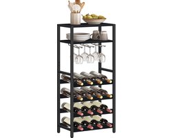 IN.HOMEXL - Wijnrek - Wijnkast - Metaal - Hout - Flessenrek voor 20 flessen met glashouder - Zwart - 50 x 24 x 100 cm - Paradiso