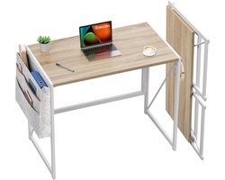 Inklapbaar Bureau 80x40 cm - Opvouwbare Computertafel voor Thuiswerkplek & Kleine Ruimtes - Compacte Laptoptafel met Opbergvak & Haken - Geen Montage - houtkleur & Wit