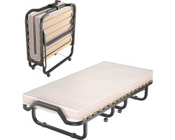 Inklapbaar Eenpersoonsbed met Traagschuimmatras - Vouwbed voor Logeerkamer en Kantoor - Draagbaar Bed met Wielen - Ideaal voor Ruimtebesparing