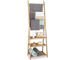 Inklapbaar handdoekrek bamboe badkamerrek - 3 planken - 3 stangen - 4 haakjes - HxBxD 152x53x31 cm - natuur