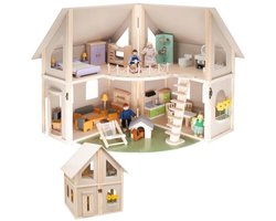 Inklapbaar Houten Poppenhuis met Meubels en Poppen - 4 Kamers, Balkon en Tuin