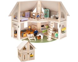Inklapbaar Houten Poppenhuis met Meubels en Poppen - 4 Kamers, Balkon en Tuin