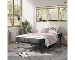 Inklapbaar logeerbed - 90 x 200 cm - met 10 cm dik schuim - matras - opklapbed - voor volwassenen - duurzaam en robuust metalen bedframe met 4 wieltjes - opvouwbaar reisbed - belastbaar tot 200 kg