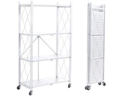 Inklapbaar Rek met Wieltjes - 4 Etages - Opvouwbare Planken voor Zware Lasten - Metalen Planken voor Keuken, Woonkamer en Kantoor - 71 x 34 x 126 cm - Wit