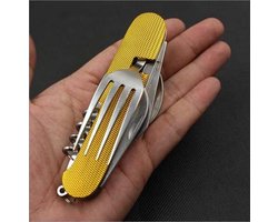 Inklapbaar Survival Bestek + blikopener - Geel - vork / lepel / mes / flesopener - roestvrij staal - camping bestek