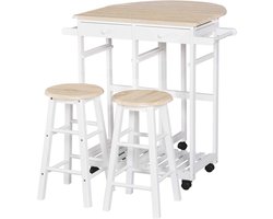 Inklapbare Bartafel Set met Wielen en Opbergruimte - 2 Krukken en Onderste Plank