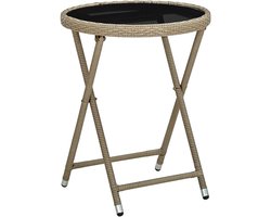 Inklapbare bijzettafel - Tuinmeubel rotan - Buiten genieten - Gehard glasblad - 60 cm - Beige