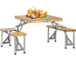 Inklapbare campingtafel met stoelen van hout, aluminium campingset, tafelstoel met 4 zitplaatsen en parasolgat, opvouwbare picknicktafel, draagbare koffertafel voor outdoor, camping, strand, tuin