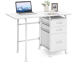 Inklapbare computertafel met 3 laden en wieltjes - Ruimtebesparend bureau voor kleine ruimtes (105 x 50 x 75 cm, wit)
