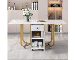 Inklapbare Eettafel - Keukentafel Opklapbaar - Ruimte Besparen - Met Opbergruimte - 80 x 150 cm - Wit Goud