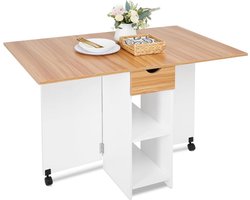 Inklapbare Eettafel Met Lade En 2 Planken – Mobiele Klaptafel Voor Kleine Ruimtes – Opklapbare Tafel Voor Keuken Of Eetkamer – Wit Met Rood Eiken – 72x120x75 cm