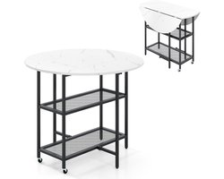 Inklapbare Eettafel - Ronde Keukentafel - Eten of Werken - Met Wielen en Planken - 100x100x80 cm - Marmerlook Wit