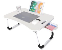 Inklapbare laptoptafel, beddienblad, leesstandaard, computertafel, ontbijtdienblad, bijzettafel, tafel om te werken, leren, ontbijten of films kijken (wit met lade)