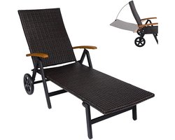 Inklapbare Ligstoel – Aluminium Frame – Polyrattan Bekleding – Met Armleuningen en 2 Wielen – 6-Posities Verstelbaar – Voor Tuin, Balkon of Zwembad – 195 x 112 x 72 cm –