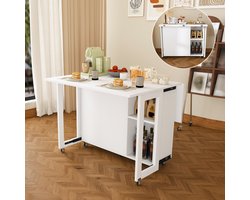 Inklapbare multifunctionele tafel wit - 360° vergrendelbare wielen - Gebruik als eettafel, sideboard en salontafel - Grote opbergruimte - Opvouwbaar ontwerp - Eenvoudig op te bergen