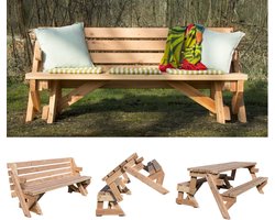 Inklapbare Picknicktafel - Bank en Picknicktafel 2 in 1 - model M 2 tot 5 personen - Douglas hout - GEEN schroefgaten in tafelblad - 4,5 cm hout dikte - volledig gemonteerd geleverd