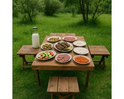 Inklapbare Picknicktafel met 4 Krukken – Hout – Walnootkleur – 98x60x47 cm – Campingtafel – Tuintafel – Opvouwbaar