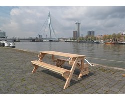 Inklapbare Picknicktafel - XL Model - DICHT TAFELBLAD 4,5 cm dik - 3-6 personen - Metalen onderdelen van RVS -Tafel en Bank 2 in 1 - Compleet gemonteerd geleverd