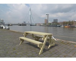 Inklapbare Picknicktafel - XL Model - Vurenhout - 3-6 personen - Metalen onderdelen van RVS - Tafel en Bank 2 in 1 - Compleet gemonteerd geleverd