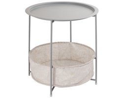 Inklapbare ronde bijzettafel met opbergruimte – Lichtgrijs – Ø 47 cm | Metaal & Linnenlook | Voor binnen en buiten