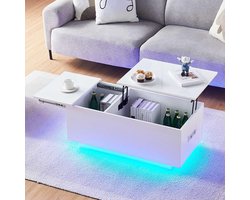 Inklapbare Salontafel met LED Verlichting, USB & Stopcontact - Hoogte Verstelbaar Wit