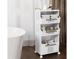 Inklapbare stapelbare wasmand met wielen - rollende waswagen karren - plastic wasmand met handgrepen - vuile kledingmand houder - opvouwbare wasbak - 3 lagen