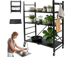 Inklapbare Stellingkast - Opbergplanken Op Wielen - Keukenrek - 3 Lagen - 360° Zwenkwielen - 2 met Remmen - 71x34x89 cm - Mobiel Opbergrek - Voor Keuken & Werkplaats & Magazijn