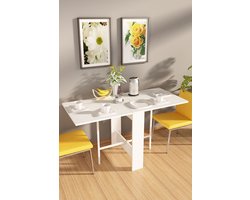 Inklapbare Tafel| Eettafel Uitschuifbaar| Opvouwbaar| Ruimtebesparend Klaptafel| Modern en Stijlvol| Wit | Vrijstand| 134x60x72 cm