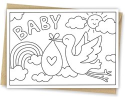 Inkleurkaart Baby - Baby geboren - Geboortekaart - Kinderkaart - Kaarten om zelf in te kleuren - DIY - Inclusief kraft envelop