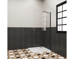 Inloopdouche 80x185 cm, 6 mm helder EasyClean veiligheidsglas, mat zwart aluminium frame, stabilisatorstang 50 cm