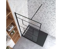 Inloopdouche 90x200cm met zwart decor,8mm Nano EasyClean veiligheidsglas + 70-120cm Stabilisatiestang