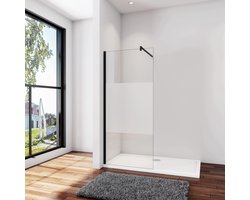 Inloopdouche-douchewand-walk in 110x200 cm,8mm midden wit gematteerd gehard glas met explosieveilige folie+F-vorm: 90 Stabilisatiestang,mat zwart aluminium profiel.